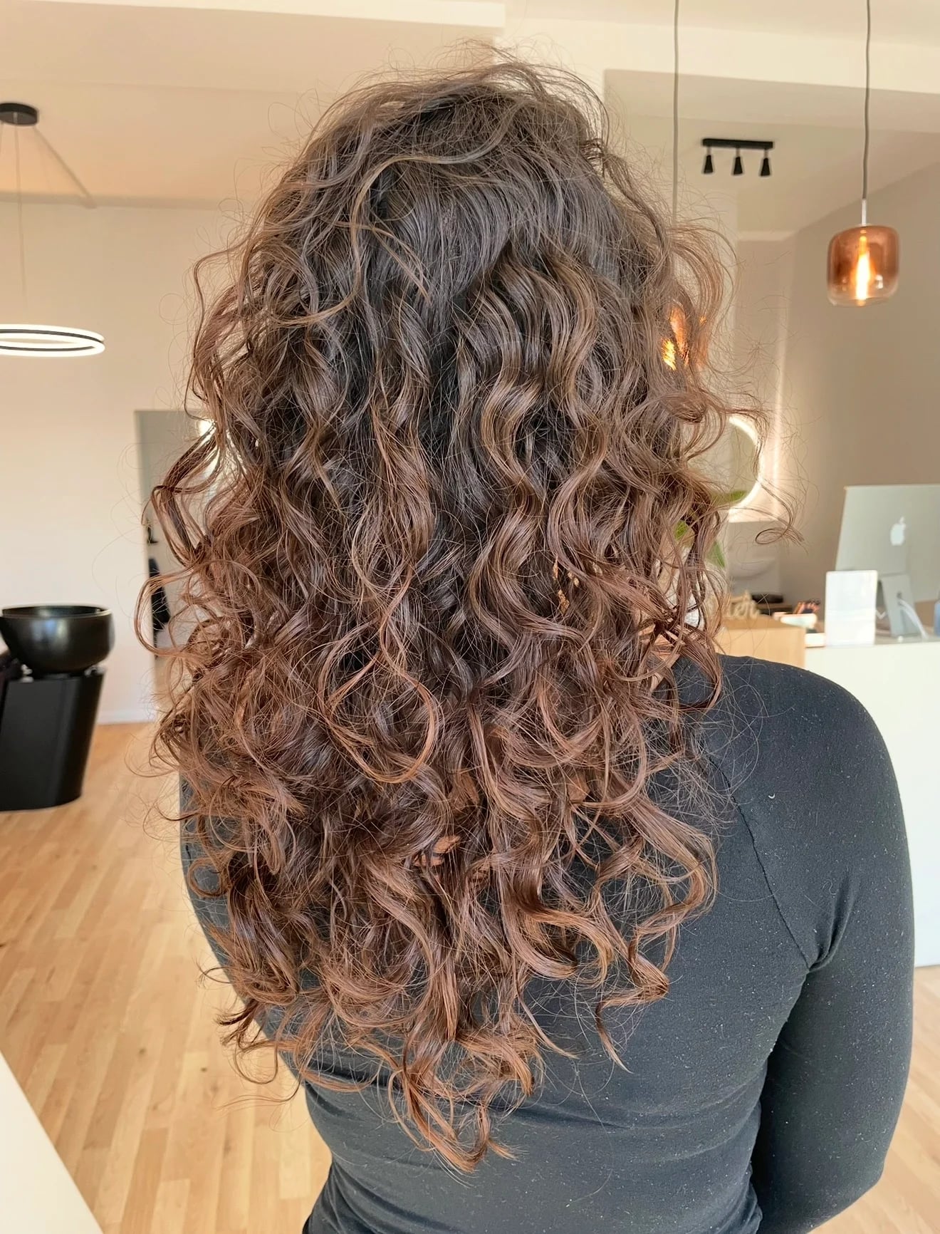 Dunkles lockiges Haar in der Rückansicht bei her art.